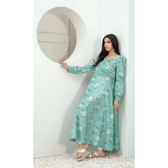 Mint Floral Printed Long Dress Stocker.pk