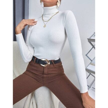 White HighNeck Ribbed Long Sleeves