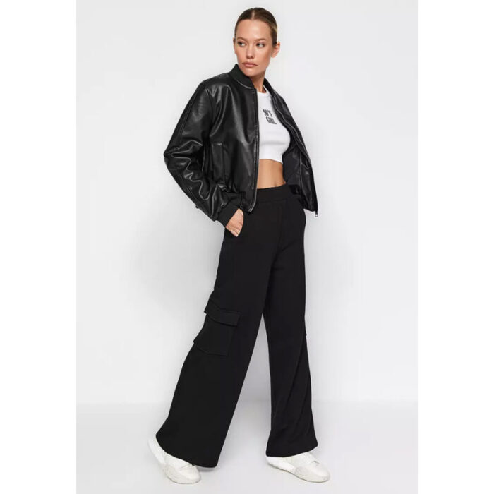 Bershka Black Cargo High Rise Wide Leg Trouser