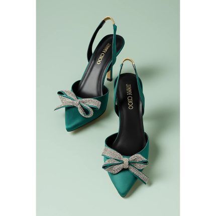 JIMMY CHOO GREEN SATIN SLINGBACK HEELS WITH CRYSTAL BOW