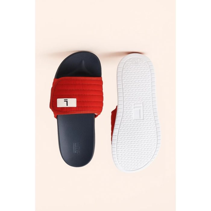 LITE RED QUILTED STRAP SLIDES – NAVY BLUE BASE