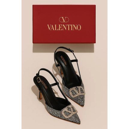 VALENTINO GARAVANI BLACK CRYSTAL-EMBELLISHED VLOGO SLINGBACK HEELS
