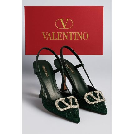 VALENTINO GARAVANI DARK GREEN CRYSTAL-EMBELLISHED VLOGO SLINGBACK HEELS