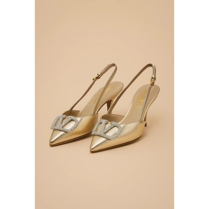 VALENTINO GARAVANI METALLIC GOLD CRYSTAL-EMBELLISHED VLOGO SLINGBACK HEELS