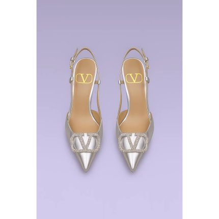 VALENTINO GARAVANI METALLIC SILVER CRYSTAL-EMBELLISHED VLOGO SLINGBACK HEELS