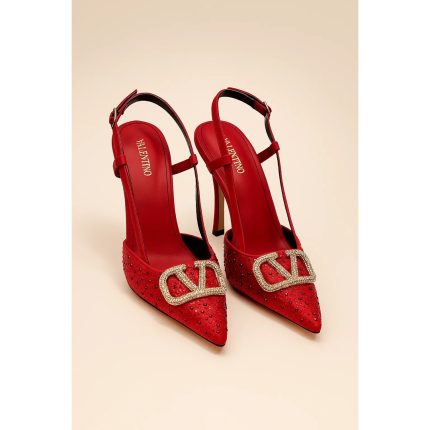 VALENTINO GARAVANI RED CRYSTAL-EMBELLISHED VLOGO SLINGBACK HEELS