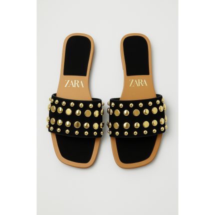 ZARA BLACK STUDDED FLAT SLIDES – GOLD EMBELLISHED