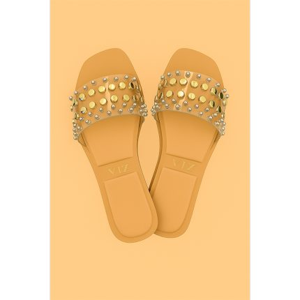 ZARA NUDE BEIGE STUDDED FLAT SLIDES – GOLD EMBELLISHED