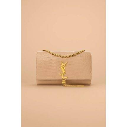 YSL KATE SAINT LAURENT BEIGE CROCODILE EMBOSSED GOLDEN TUSSEL