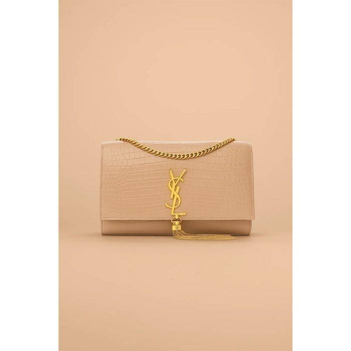 YSL KATE SAINT LAURENT BEIGE CROCODILE EMBOSSED GOLDEN TUSSEL