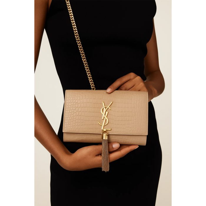 YSL KATE SAINT LAURENT BEIGE CROCODILE EMBOSSED GOLDEN TUSSEL