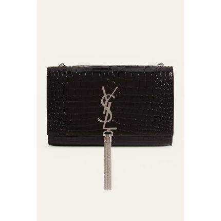 YSL KATE SAINT LAURENT BLACK CROCODILE EMBOSSED SILVER TUSSEL