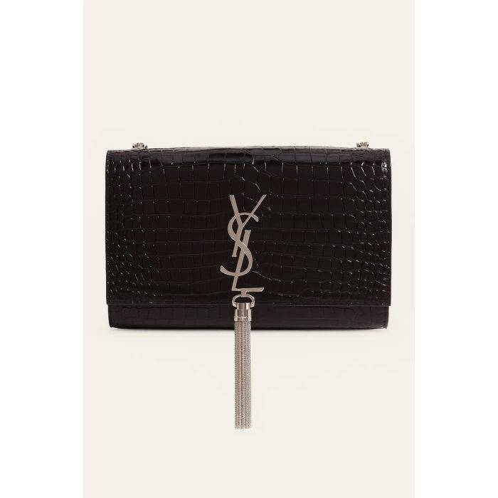 YSL KATE SAINT LAURENT BLACK CROCODILE EMBOSSED SILVER TUSSEL