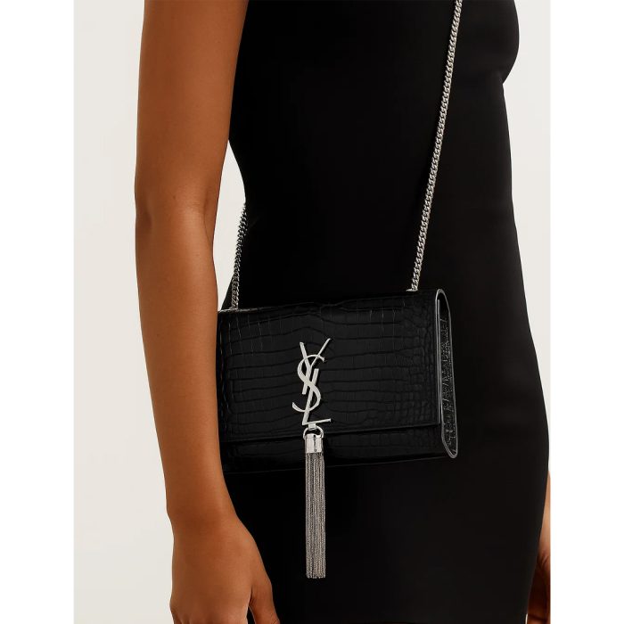 YSL KATE SAINT LAURENT BLACK CROCODILE EMBOSSED SILVER TUSSEL