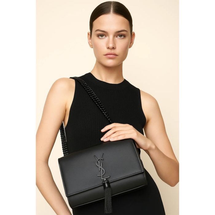 YSL KATE SAINT LAURENT ALL BLACK CROSS BODY BAG BLACK TUSSEL
