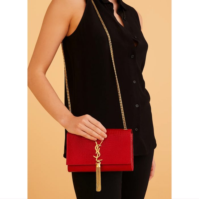YSL KATE SAINT LAURENT RED CROCODILE EMBOSSED GOLDEN TASSEL & CHAIN