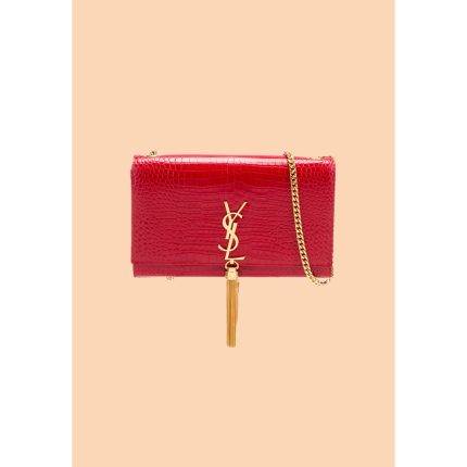 YSL KATE SAINT LAURENT RED CROCODILE EMBOSSED GOLDEN TASSEL & CHAIN