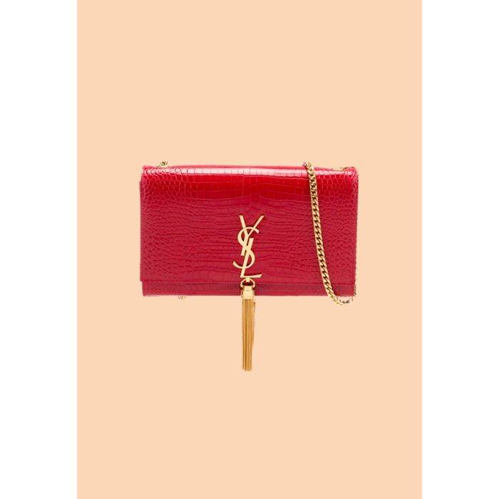 YSL KATE SAINT LAURENT RED CROCODILE EMBOSSED GOLDEN TASSEL & CHAIN