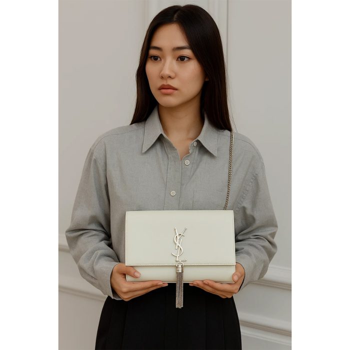 YSL KATE SAINT LAURENT WHITE CROSS BODY BAG SILVER TUSSEL