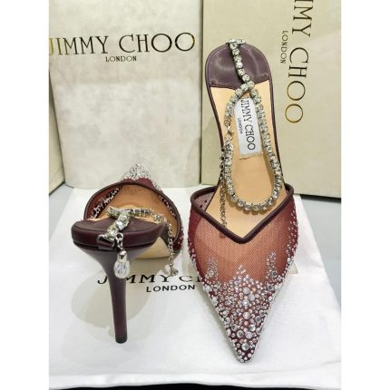 JIMMY CHOO SAEDA 100 CRYSTAL EMBELLISHED ANKLE BRACELET STRAP BURGUNDY