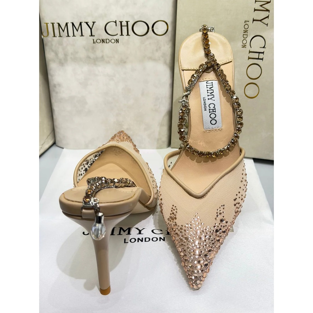 JimmyChooStyleCrystalChainSlingbackHeelsChampagne2 JIMMY CHOO SAEDA 100 CRYSTAL EMBELLISHED ANKLE BRACELET STRAP CHAMPAGNE