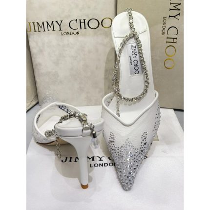 JIMMY CHOO SAEDA 100 CRYSTAL EMBELLISHED ANKLE BRACELET STRAP WHITE