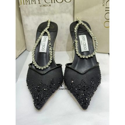 JIMMY CHOO SAEDA 100 CRYSTAL EMBELLISHED ANKLE BRACELET STRAP BLACK