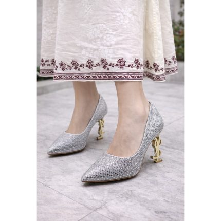 YSL SAINT LAURENT SILVER GREY CRYSTAL PUMPS