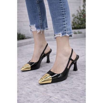 YSL JEANNE SLING BACK BLACK-GOLDEN CAP TOE