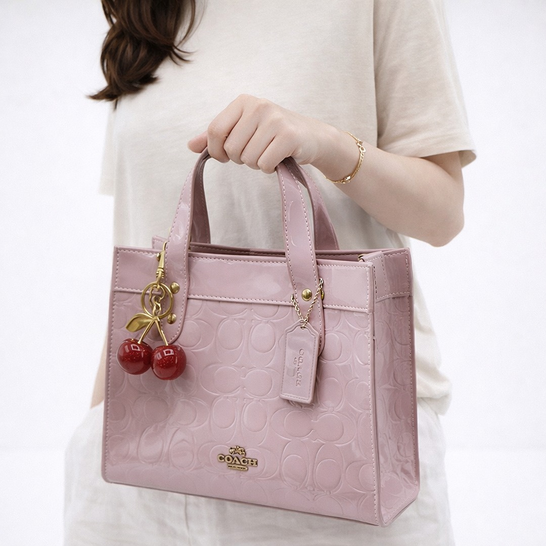 COACH SIGNATURE PATENT MINI TOTE BAG WITH CHERRY CHARM
