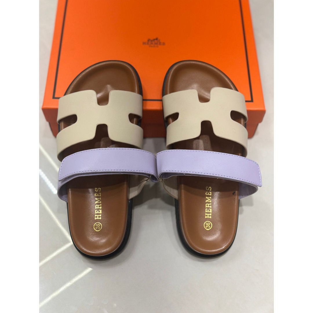 hermes beige purple two tone 1 HERMES BEIGE LILAC TWO TONE STRAPLESS SANDAL